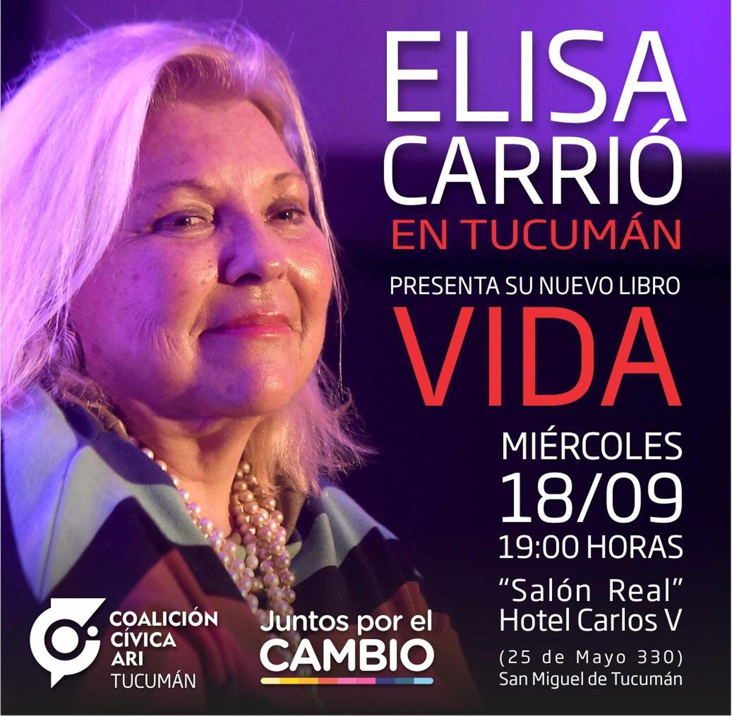 Elisa Carrió vendrá el miércoles a Tucumán para presentar su nuevo libro