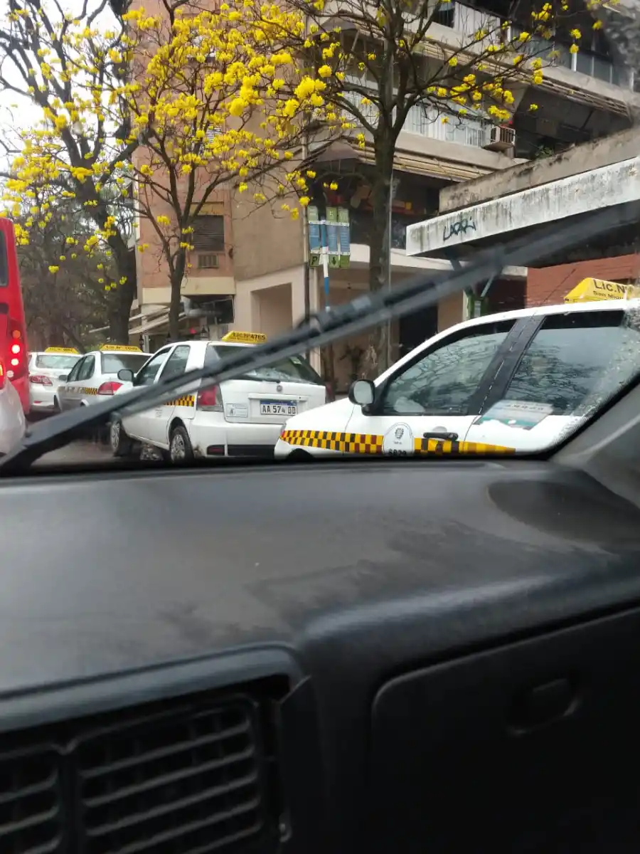 25 de Mayo al 900: los taxistas bloquean la para del ómnibus.