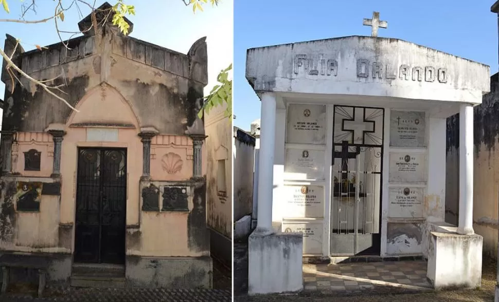 MAUSEOLEOS. A la derecha, el de la familia Orlando, tiene nichos y un pequeño oratorio. A la izquierda, el de la familia Gálvez Cota, apellido señero de Yerba Buena. 