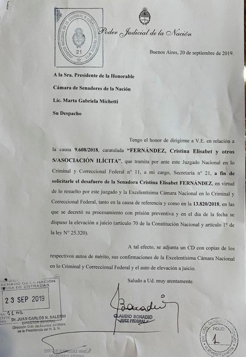 El pedido de desafuero de Cristina Fernández ya ingresó al Senado