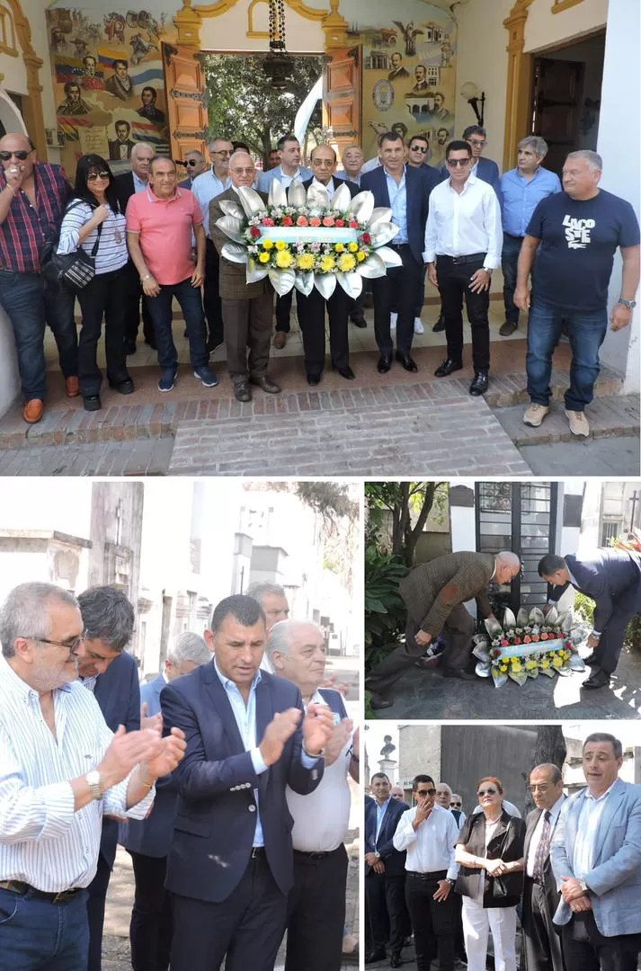 SIEMPRE PRESENTES. Los dirigentes y allegados del “Decano” colocaron una ofrenda floral en el mausoleo que guarda los restos de Agenor Albornoz. prensa AT