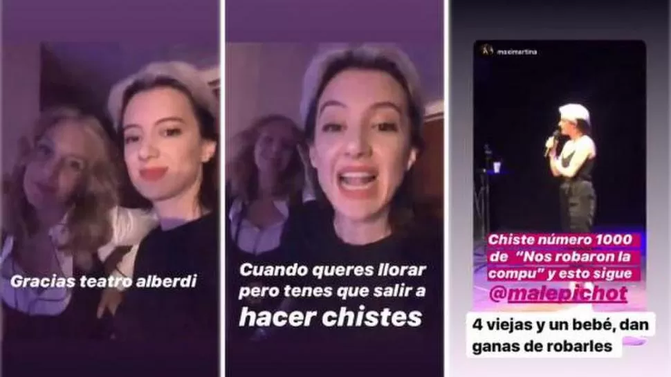 CAMBIO DE PLANES. Luego de enterarse del robo, las especialistas en stand up no pararon de difundir a través de las redes sociales su malestar, como se puede ver en las imágenes. 