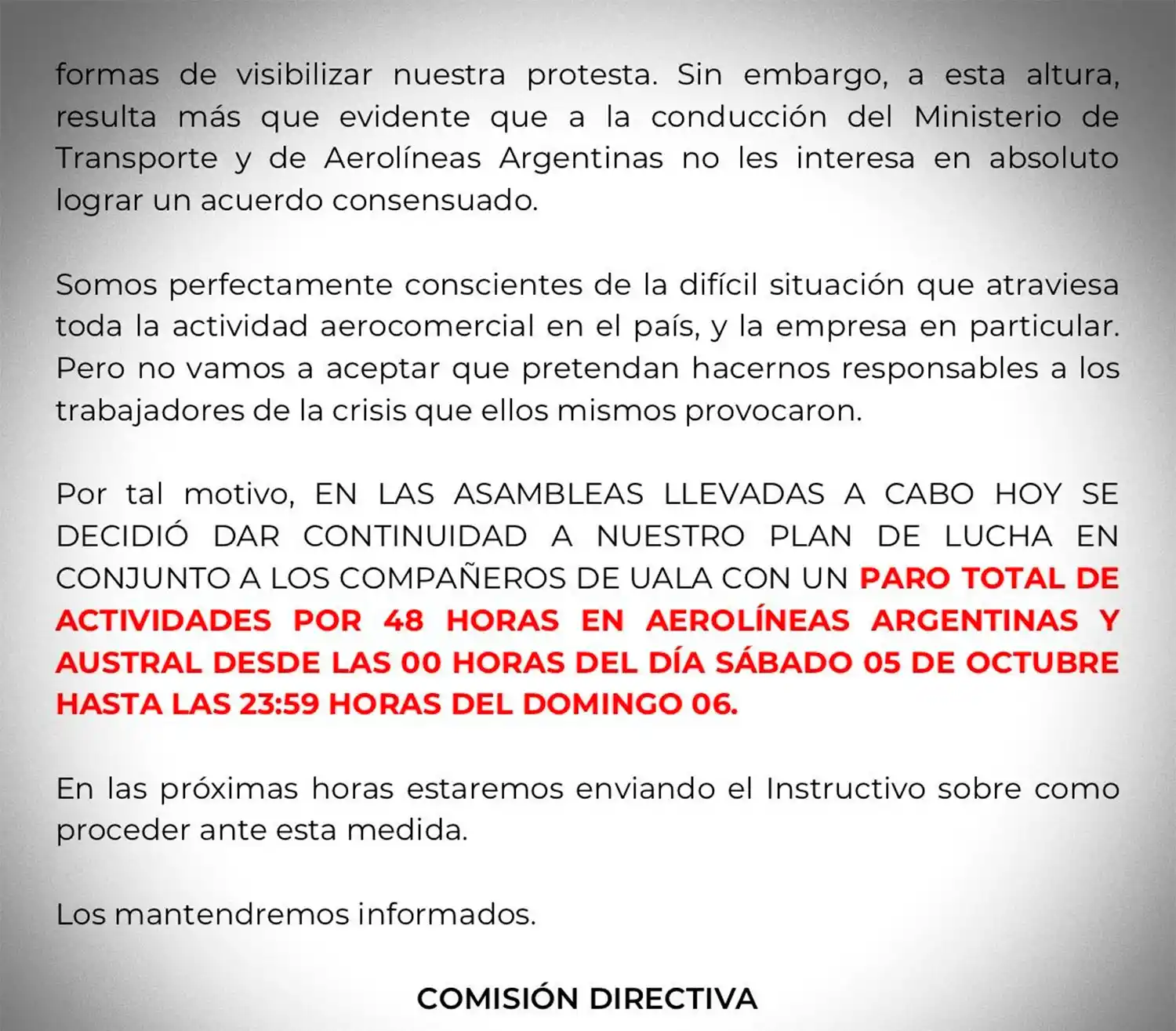 Por un paro, no habrá vuelos de Aerolíneas Argentinas el fin de semana