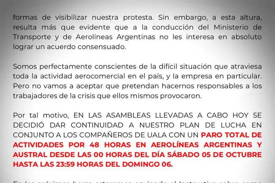 Por un paro, no habrá vuelos de Aerolíneas Argentinas el fin de semana