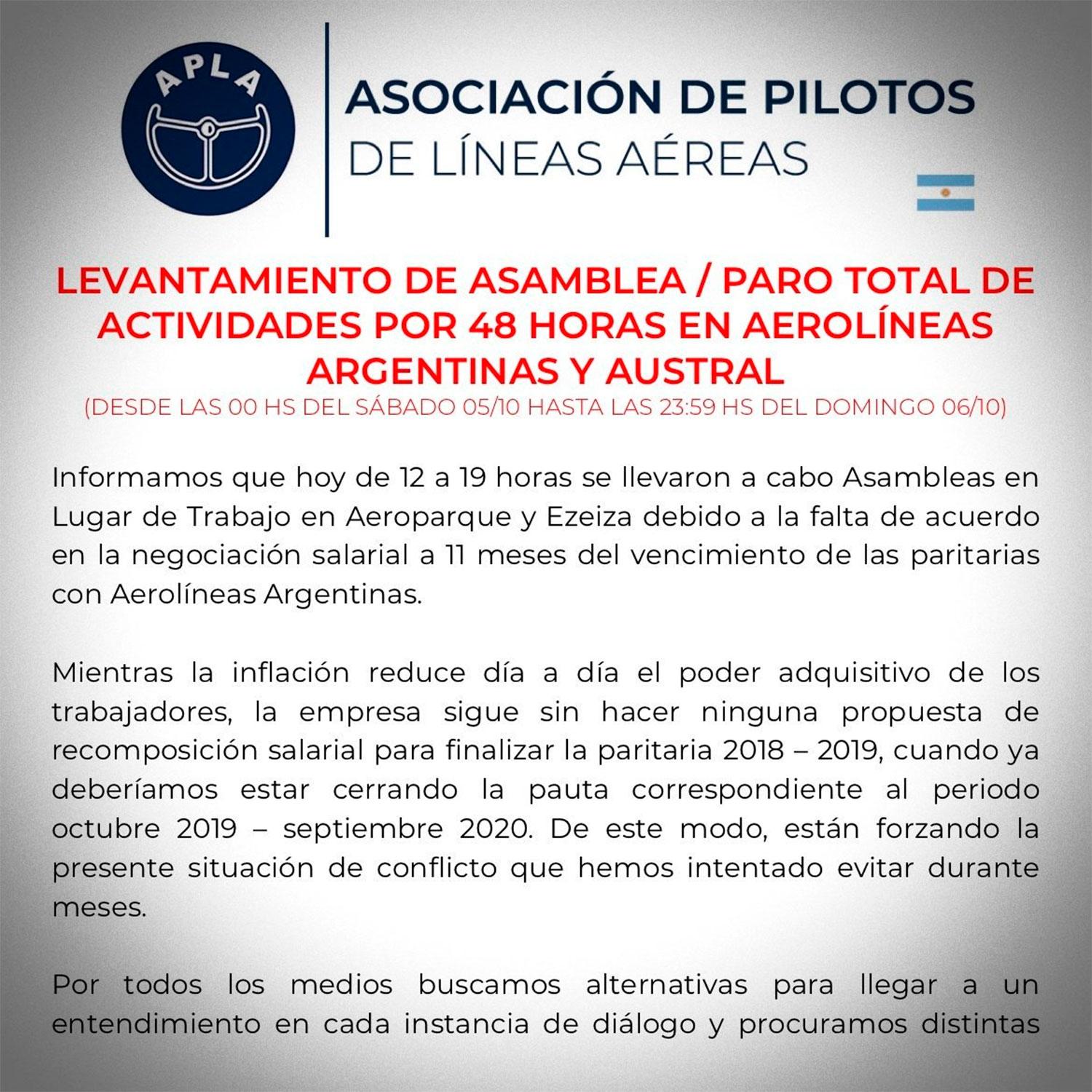 Por un paro, no habrá vuelos de Aerolíneas Argentinas el fin de semana