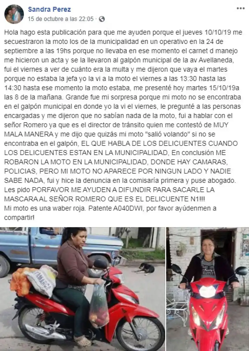 Le secuestraron la moto, la fue a buscar al corralón y se la habían robado