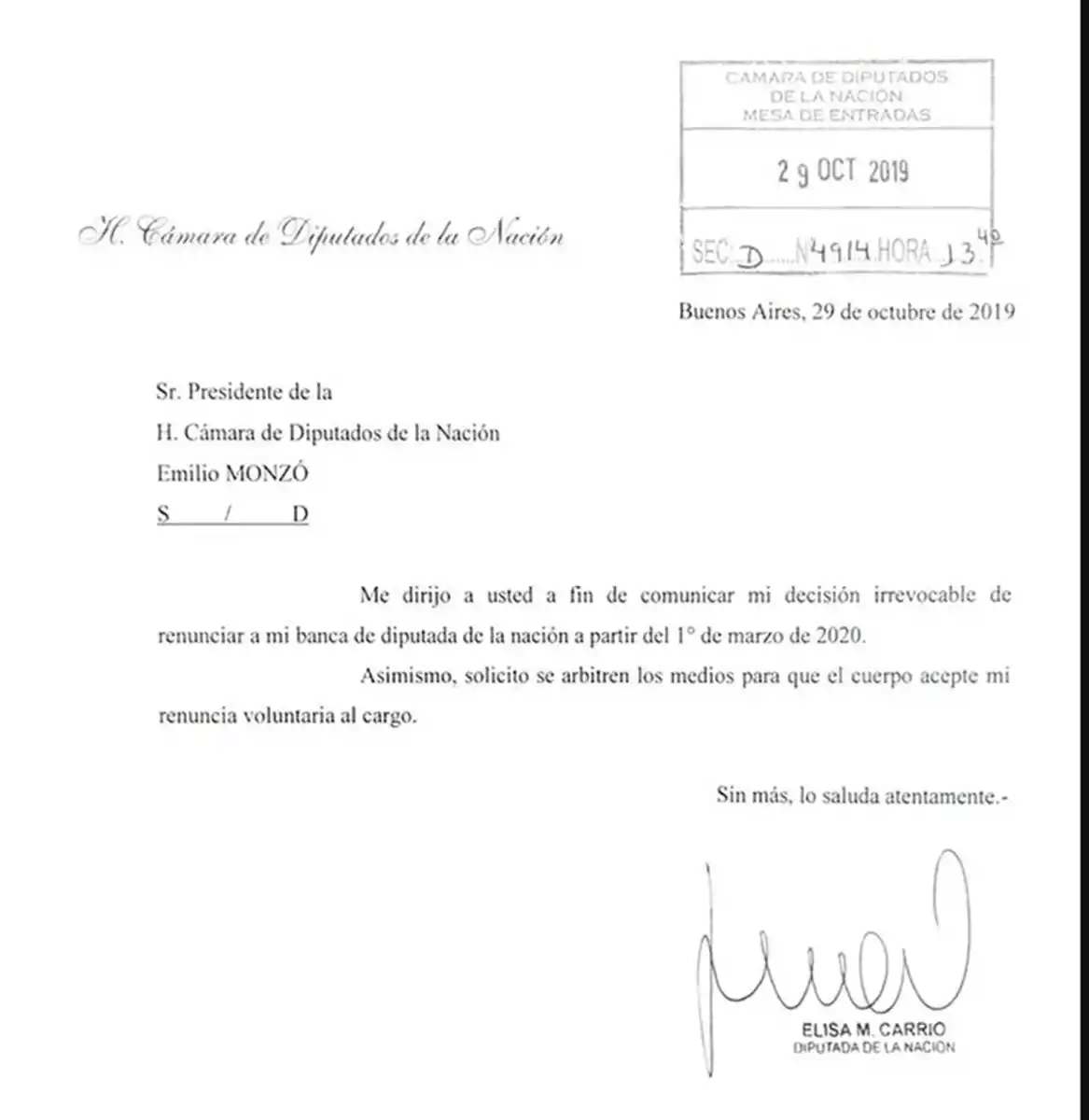 Elisa Carrió renunció a su banca en la Cámara de Diputados