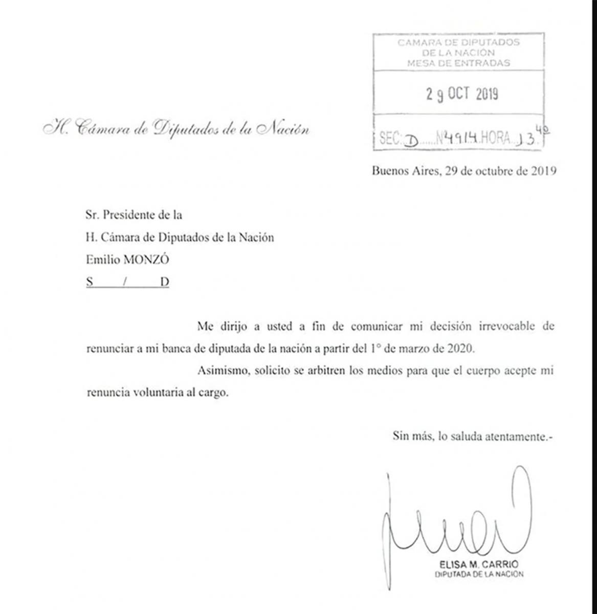 Elisa Carrió renunció a su banca en la Cámara de Diputados