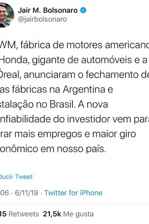 EL MENSAJE. Este es el tweet que Bolsonaro borró luego de ser desmentido por las empresas.
