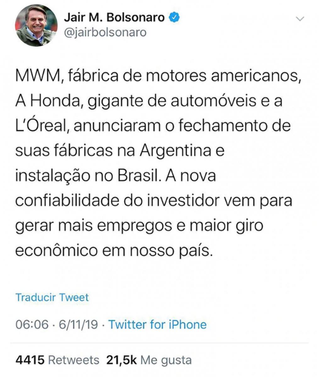 EL MENSAJE. Este es el tweet que Bolsonaro borró luego de ser desmentido por las empresas.