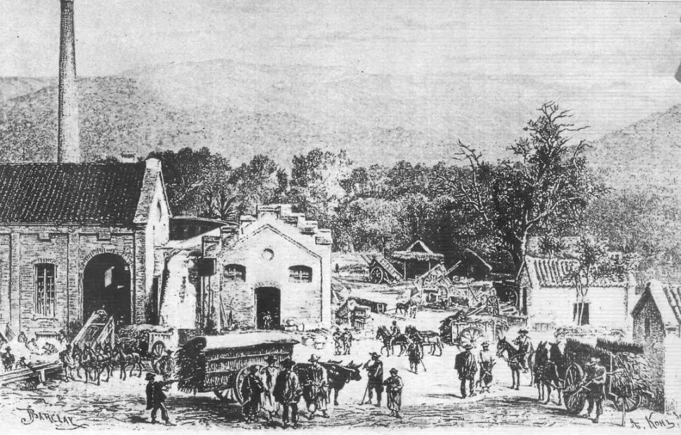 EL INGENIO LULES. La fábrica del industrial Clodomiro Hileret, en un dibujo de Barclay de 1876.