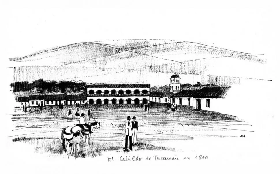 CABILDO DE TUCUMÁN. La sede del gobierno con el aspecto que tenía en esa época, sin torre y con sólo 8 arcos en cada planta, en un dibujo de Marta Silva.