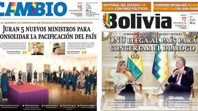 ANTES Y AHORA. Desde hoy, el diario oficial pasó a llamarse Bolivia y tiene intervención del Gobierno interino.