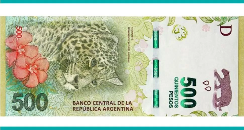 COLOR VERDE. El billete de 500 pesos lleva como figura destacada a un yaguareté.  