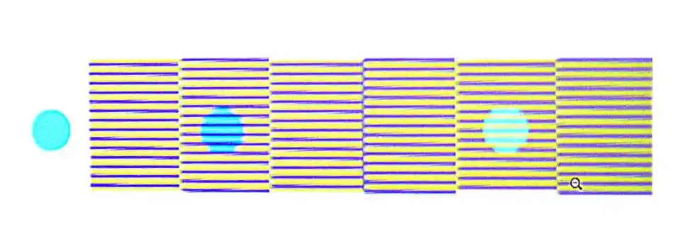  CONTEXTO. Los círculos son del mismo color. Pero la influencia de las líneas que los atraviesan (en un caso moradas, en el otro, amarillas) hace que veamos tres variantes. 