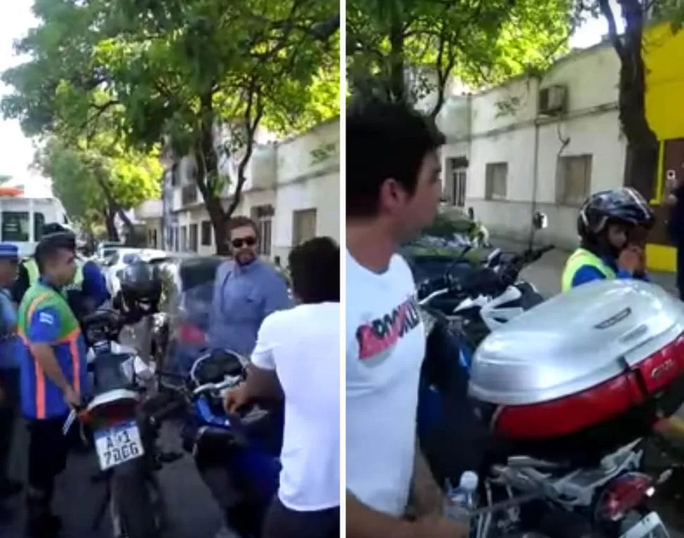 CAPTURA DE VIDEO. Leonel Brodersen (remera blanca) y su padre, cuando municipales le retuvieron la moto. 