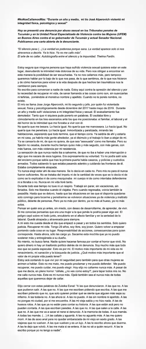 Cómo se armó la carta pública de la sobrina de Alperovich 