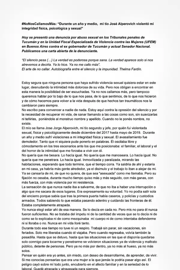 Cómo se armó la carta pública de la sobrina de Alperovich 