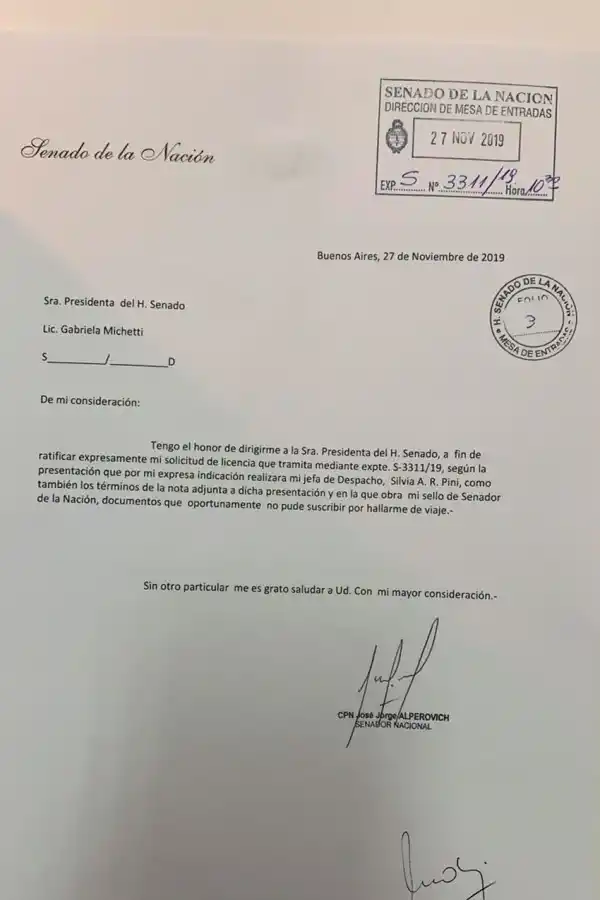 La copia de la nota que presentó hoy Alperovich.