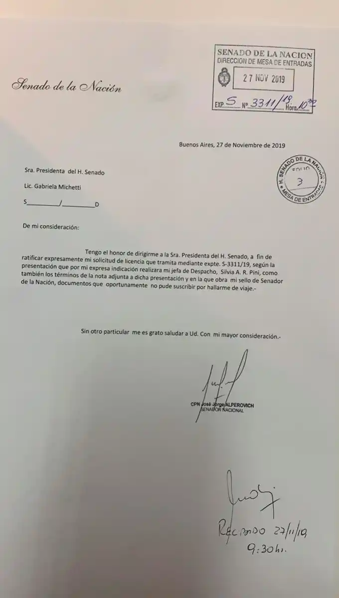 La copia de la nota que presentó hoy Alperovich.