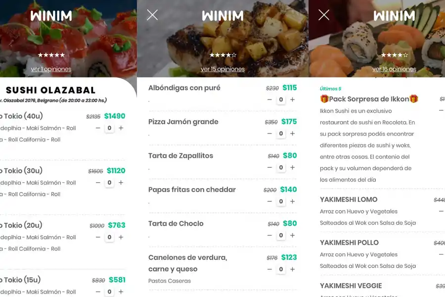 Algunos precios. Por el momento, Winim solamente funciona en Buenos Aires.