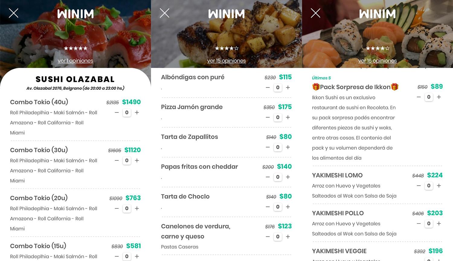 Algunos precios. Por el momento, Winim solamente funciona en Buenos Aires.