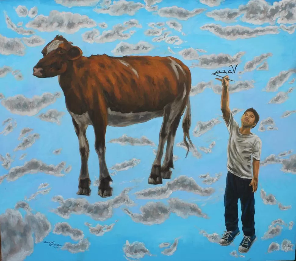 “AURORA”. La vaca y el muchacho se sostienen como flotando entre fantásticas nubes y un cielo azul. 