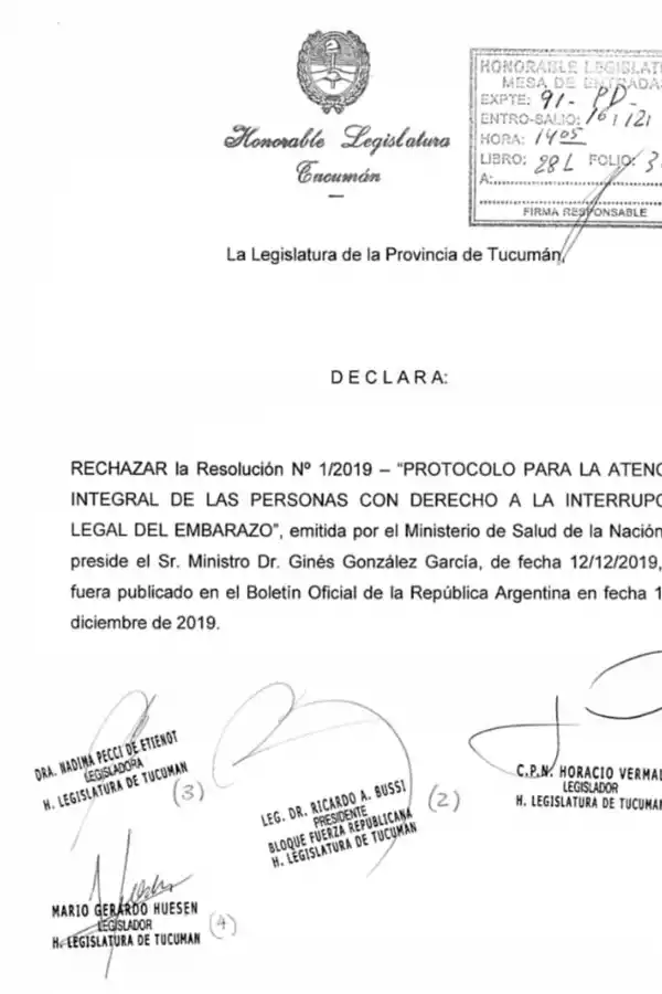 Fuerza Republicana presentó un proyecto para rechazar el protocolo para abortos no punibles