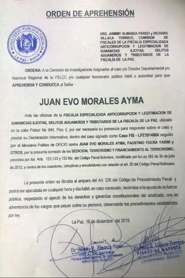 La fiscalía de Bolivia emitió una orden de arresto contra Evo Morales por sedición y terrorismo