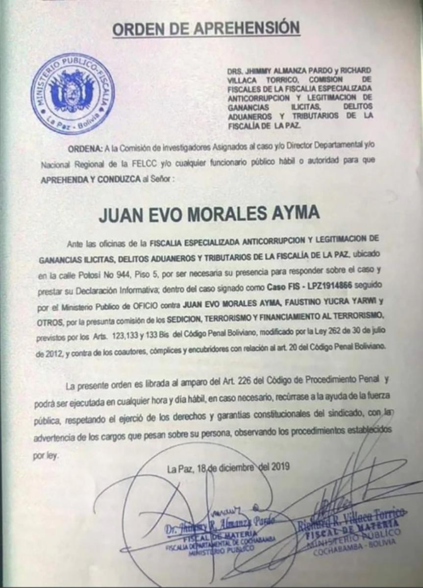 La fiscalía de Bolivia emitió una orden de arresto contra Evo Morales por sedición y terrorismo
