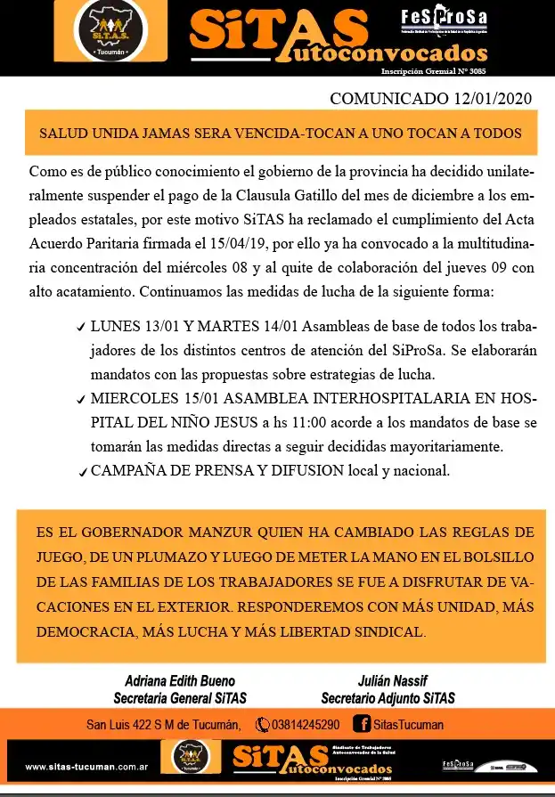 Trabajadores de la salud analizan medidas de fuerza por la suspensión de la cláusula gatillo