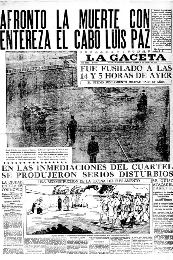 10 DE ENERO DE 1935. La foto principal de nuestra tapa correspondía a la ejecución del conscripto en los cuarteles de la Recoleta 30 años antes. 
