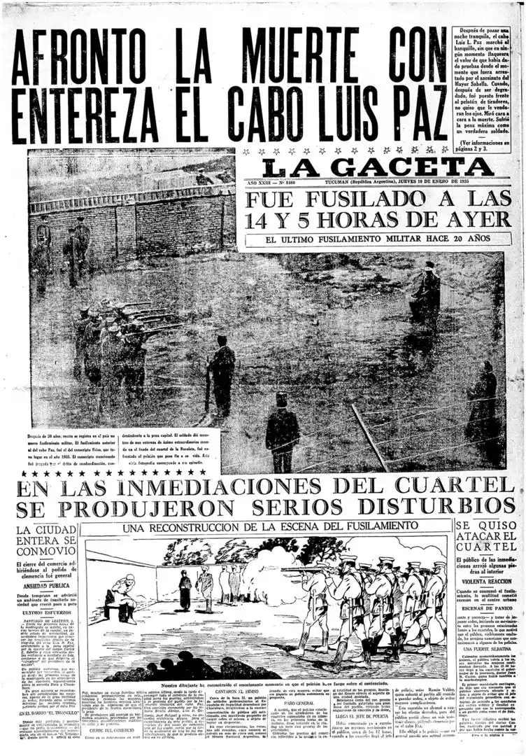 10 DE ENERO DE 1935. La foto principal de nuestra tapa correspondía a la ejecución del conscripto en los cuarteles de la Recoleta 30 años antes. 