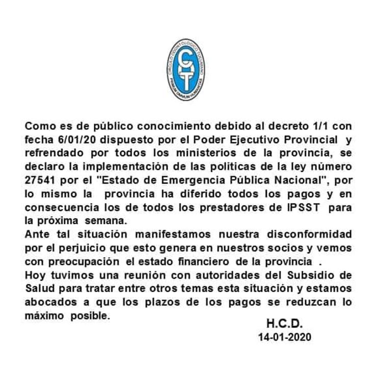 El comunicado oficial del Círculo Odontológico
