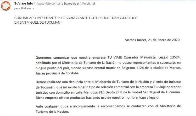 El comunicado de Tu Viaje