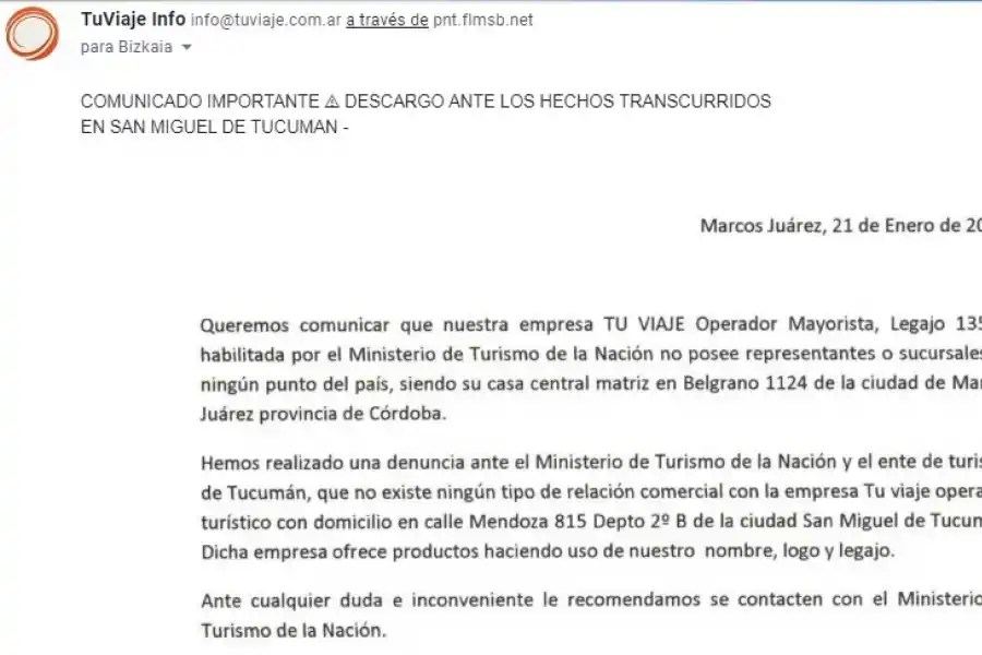 El comunicado de Tu Viaje