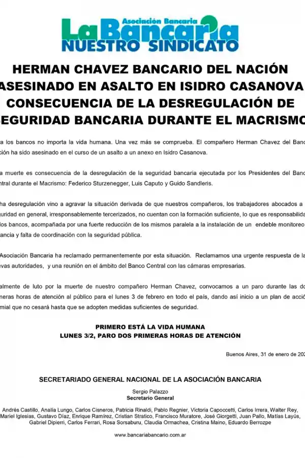 Por el asesinato de un cajero, los bancarios de todo el país pararán dos horas el lunes