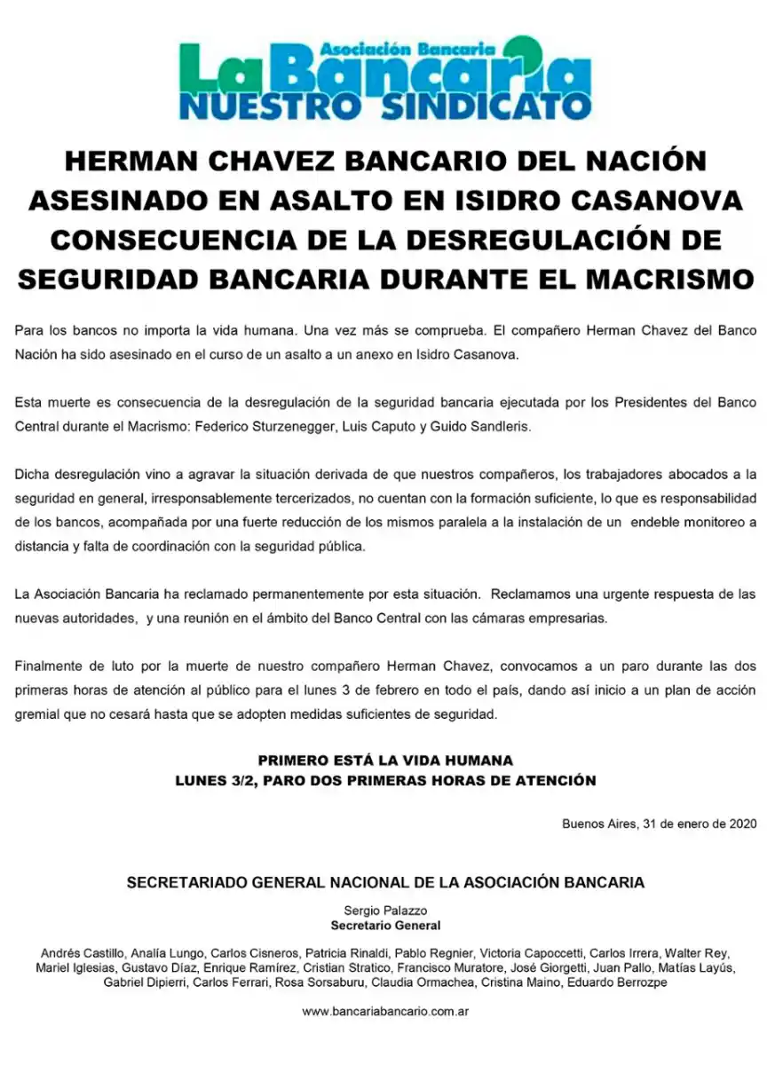 Por el asesinato de un cajero, los bancarios de todo el país pararán dos horas el lunes