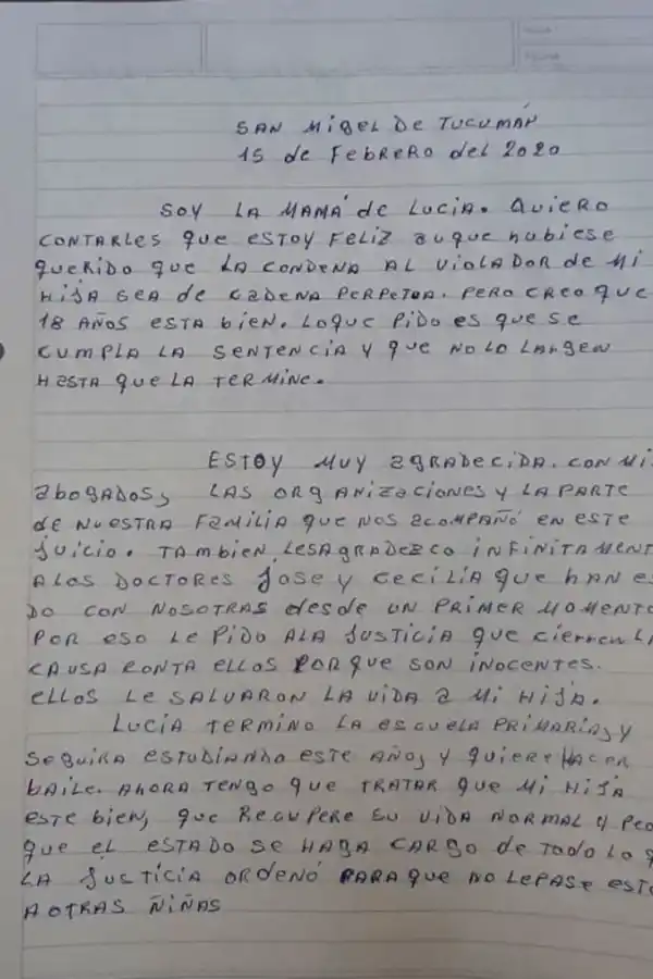 La carta que hizo pública la madre de Lucía.
