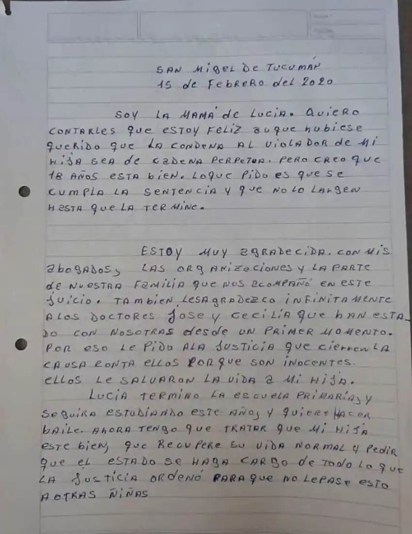 La carta que hizo pública la madre de Lucía.