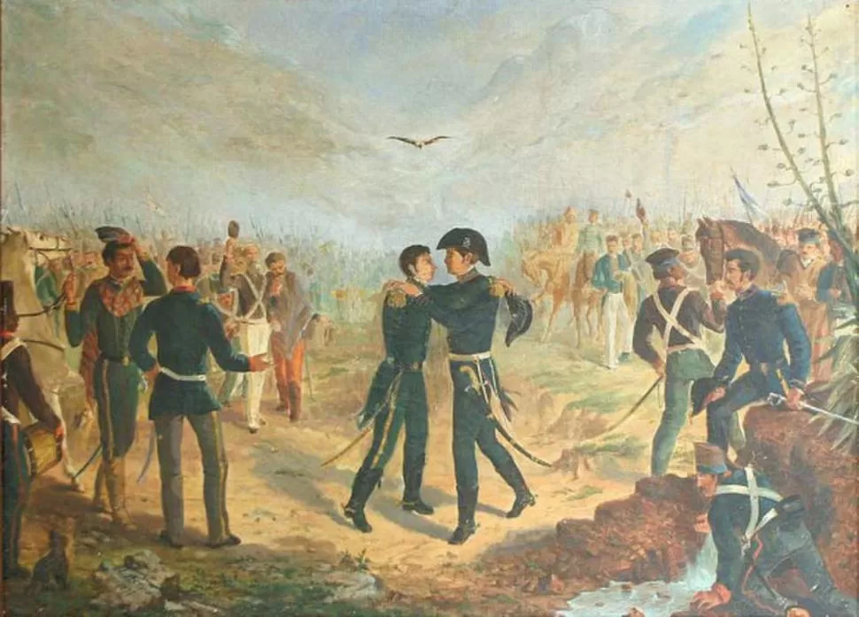 ABRAZO DE BELGRANO Y TRISTAN. El jefe vencedor y el vencido sellan con un abrazo la victoria patriota en Salta. credito
