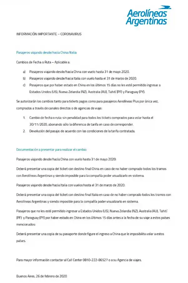Aerolíneas Argentinas permitirá cambios en algunos vuelos por el coronavirus: cuáles son