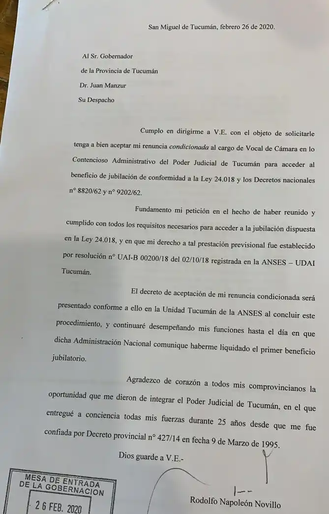Reforma jubilatoria: el juez Novillo presentó su renuncia “condicionada”