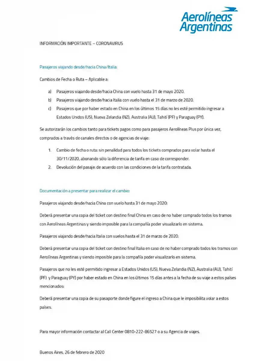 Aerolíneas Argentinas permitirá cambios en algunos vuelos por el coronavirus: cuáles son