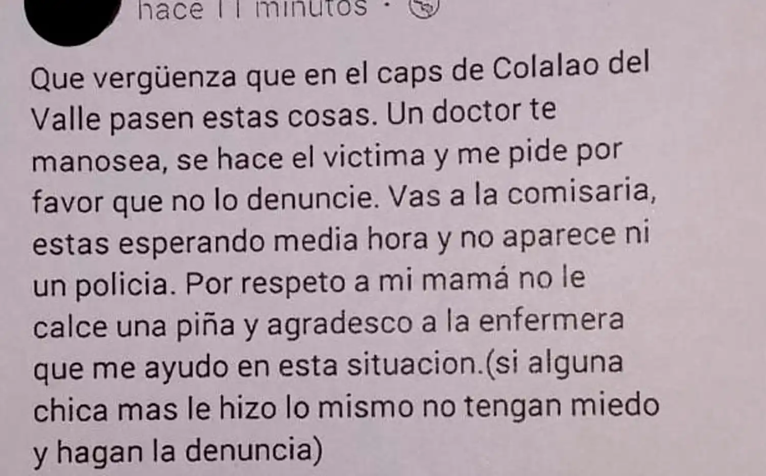 DESCARGO. El mensaje de una de las víctimas en Facebook, antes de hacer la denuncia.