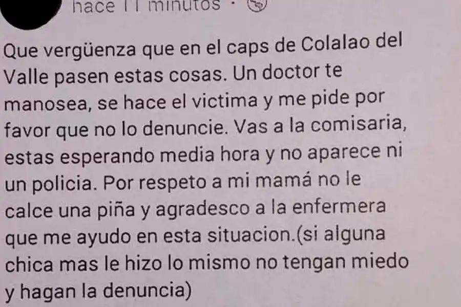 DESCARGO. El mensaje de una de las víctimas en Facebook, antes de hacer la denuncia.