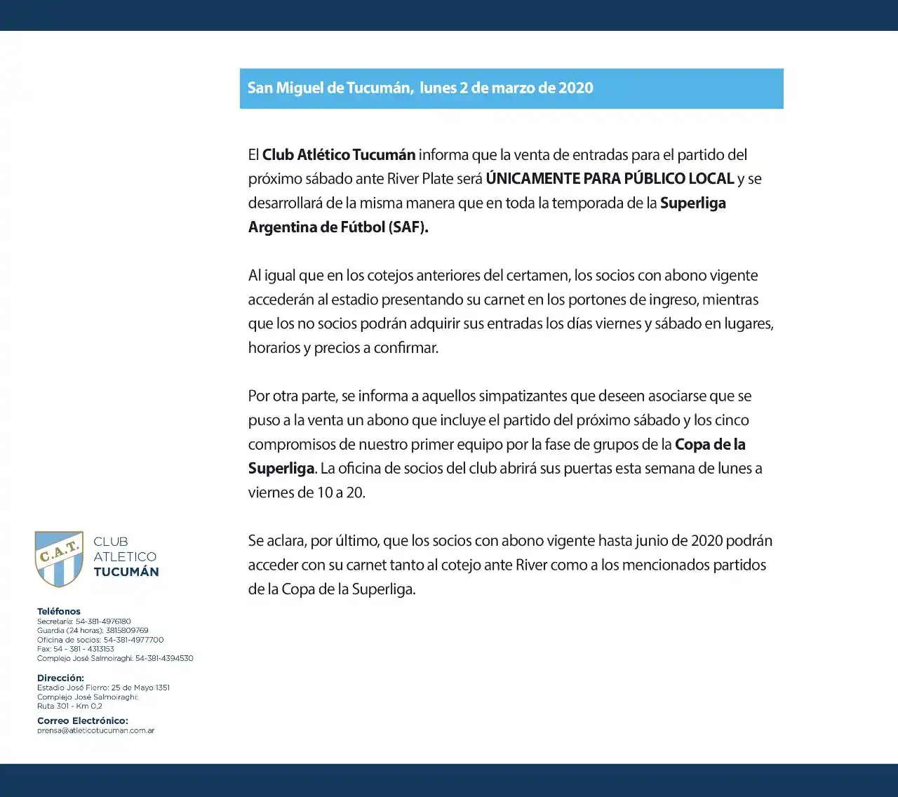 ¿Marcha atrás? Atlético informó que sólo venderá entradas para los hinchas Decanos