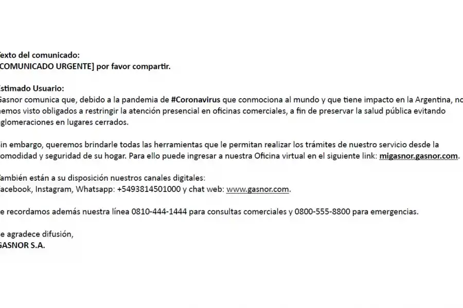 Gasnor anunció que restringe la atención presencial en sus oficinas