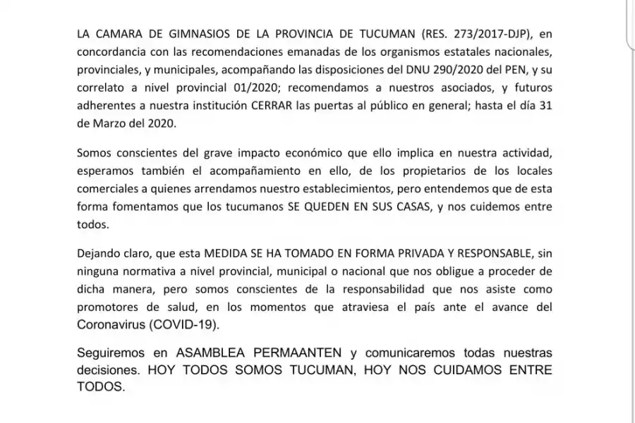 Por el coronavirus decidieron cerrar todos los gimnasios de Tucumán