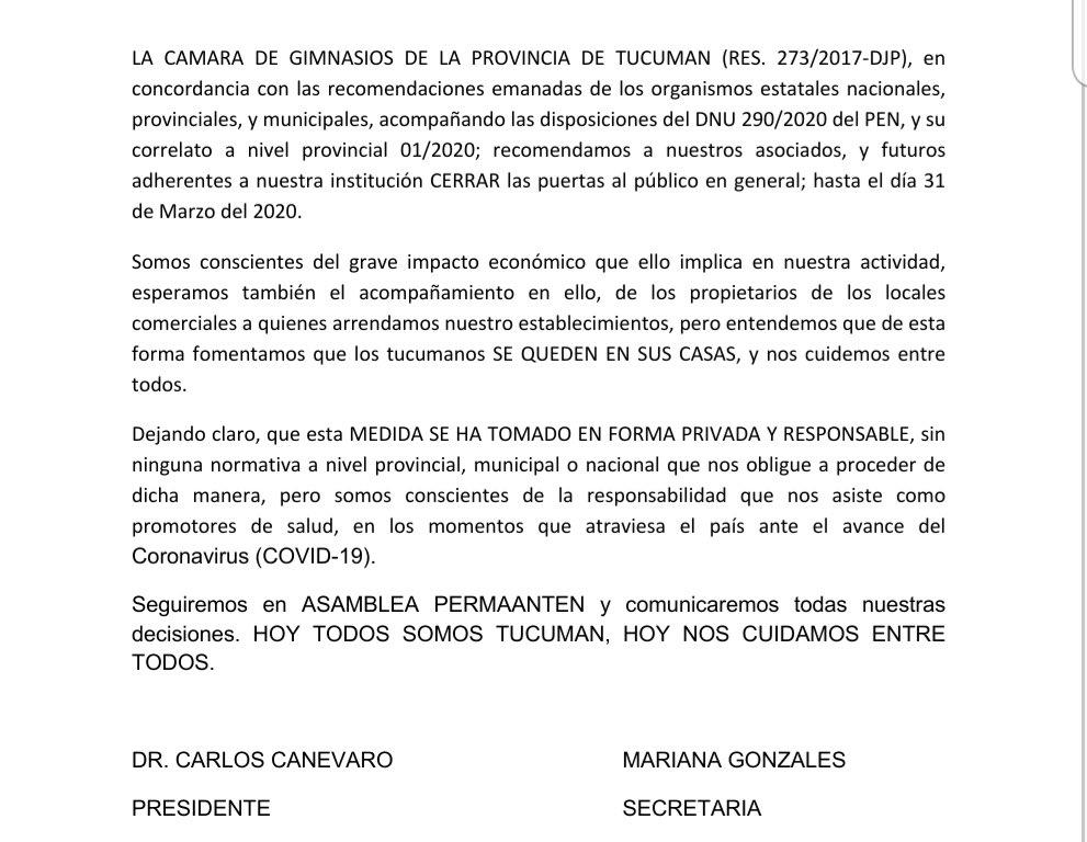 Por el coronavirus decidieron cerrar todos los gimnasios de Tucumán